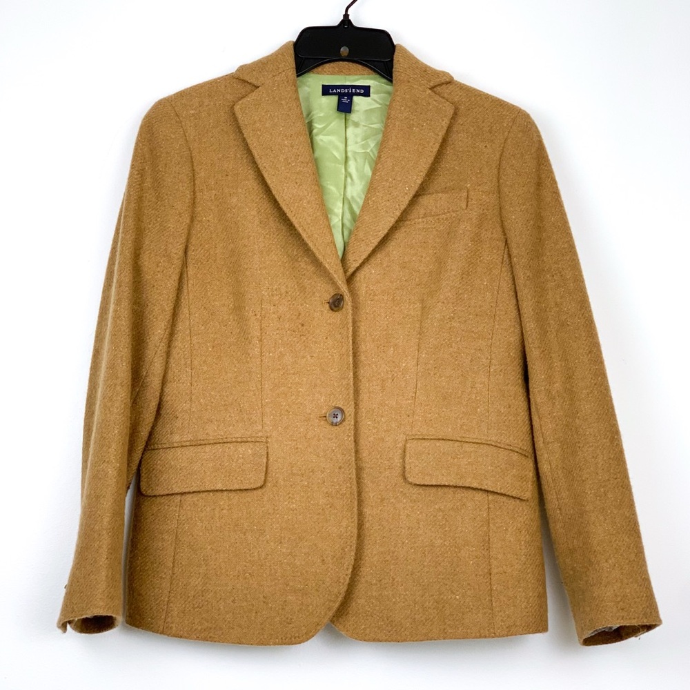 Lands End wool mohair blazer tan tweed women’s 2-button jacket size 2 petite